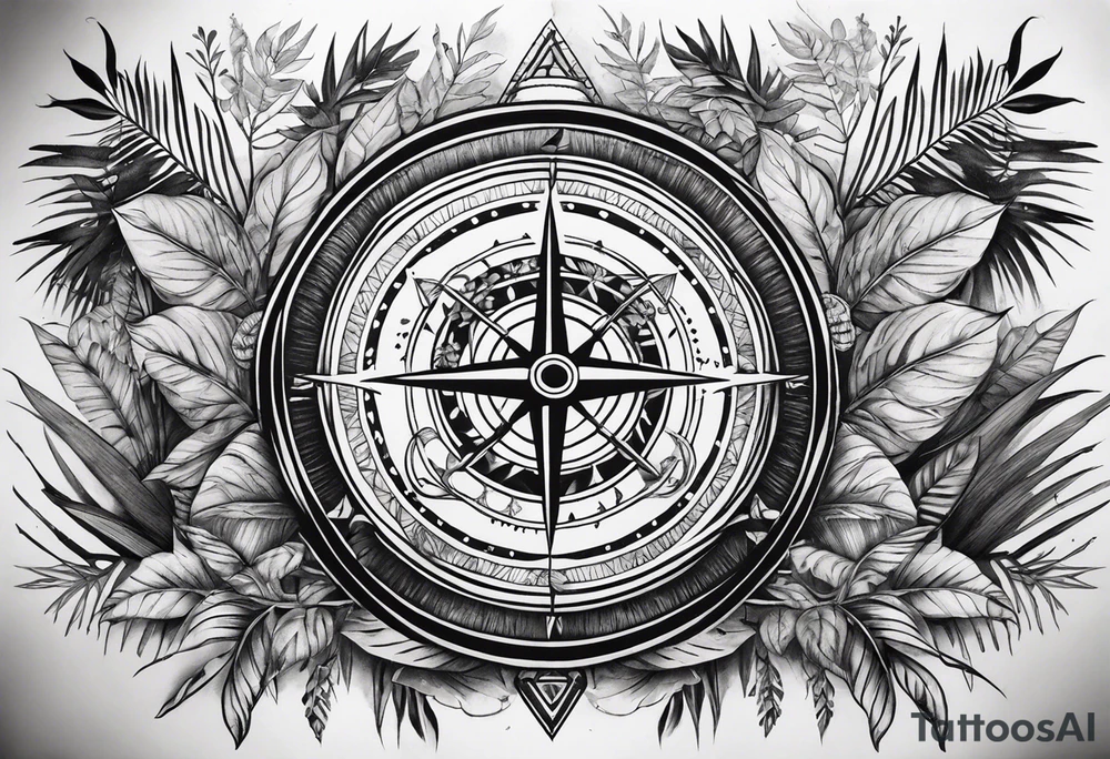 arm sleeve tattoo with Viking compass and all-seeing eye surrounded by jungle plants tattoo idea