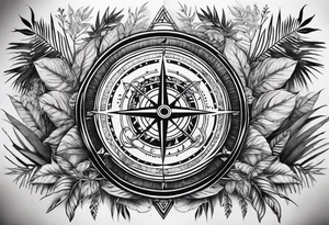 arm sleeve tattoo with Viking compass and all-seeing eye surrounded by jungle plants tattoo idea