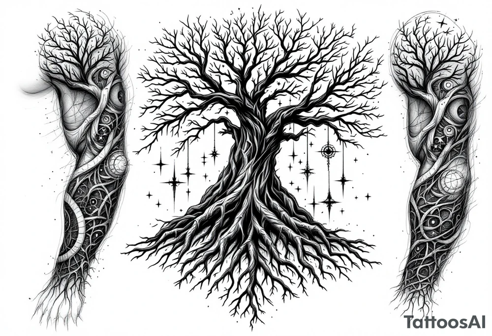 mystical tree of life with cosmic roots and celestial branches tattoo idea