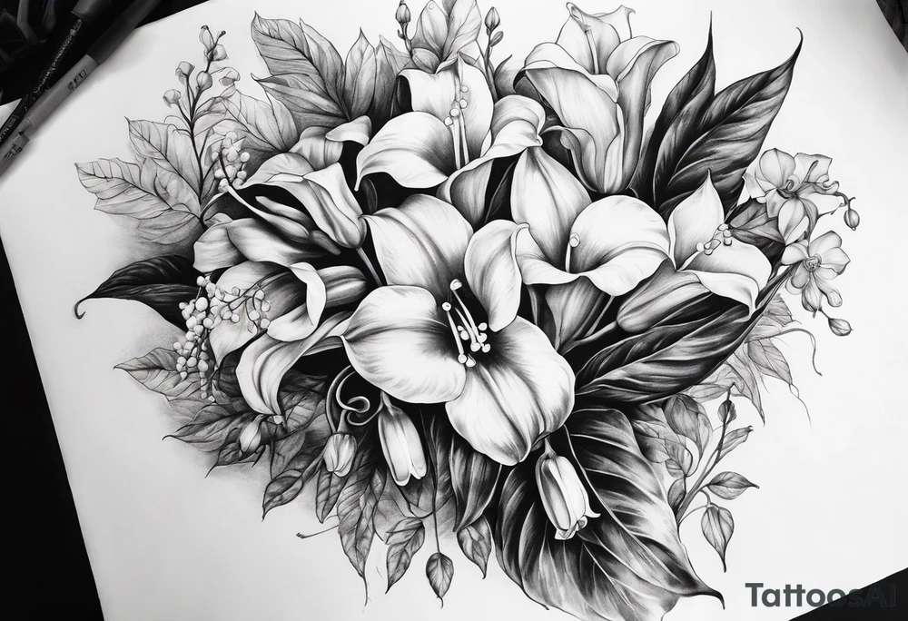 half sleeve on forearm of plants, specifically lily of the valley, bleeding heart, and angel trumpet tattoo idea