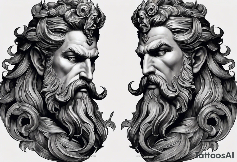 The tattoo features a highly realistic depiction of Hadès, the Greek god of the underworld, holding Cerberus, the three-headed guardian of the underworld, on a chain. Hadès is portrayed with a commanding and imposing presence. His face, marked by stern and intense eyes, exudes authority and control. His dark, flowing hair and beard are rendered with intricate details, adding texture and depth. He is draped in a richly detailed cloak that falls in realistic folds, enhancing his divine and somber demeanor. Cerberus, depicted in a dynamic and fierce pose, is shown with his three heads snarling and baring their fangs. Each head is intricately detailed with lifelike fur, sharp eyes, and menacing expressions. The three heads are chained, with the chains artistically wrapped around Hadès' hand, symbolizing his dominance over the beast. The chains themselves are depicted with realistic textures and shadows, emphasizing their weight and strength. The background remains minimalistic to keep the focus on Hadès and Cerberus. The tattoo uses detailed shading and highlights to bring out the textures of Hadès' cloak, Cerberus' fur, and the chains, capturing the dark and powerful essence of the Greek god and his fearsome guardian. tattoo idea