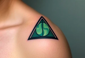 A geometric Deathly Hallows full symbol filled with gradient shades of emerald green and dark obsidian tattoo idea
