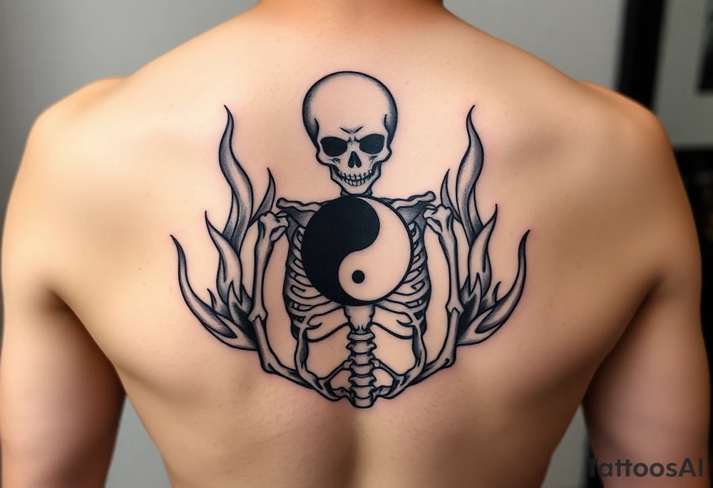 female skeleton surround by subtle flames holding a black half yin yang tattoo idea