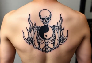female skeleton surround by subtle flames holding a black half yin yang tattoo idea