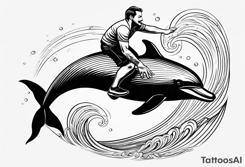 a man riding a dolphin, the dolphin is jumping out of the waves tattoo idea