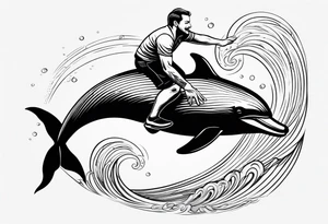 a man riding a dolphin, the dolphin is jumping out of the waves tattoo idea