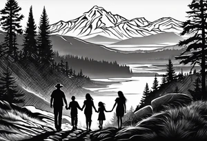 A shadow of a family of four walking through the Pacific northwest landscape. Father, Wife, Son, daughter.
 Faith centered and add Mexican tribal  border with importance of faith tattoo idea
