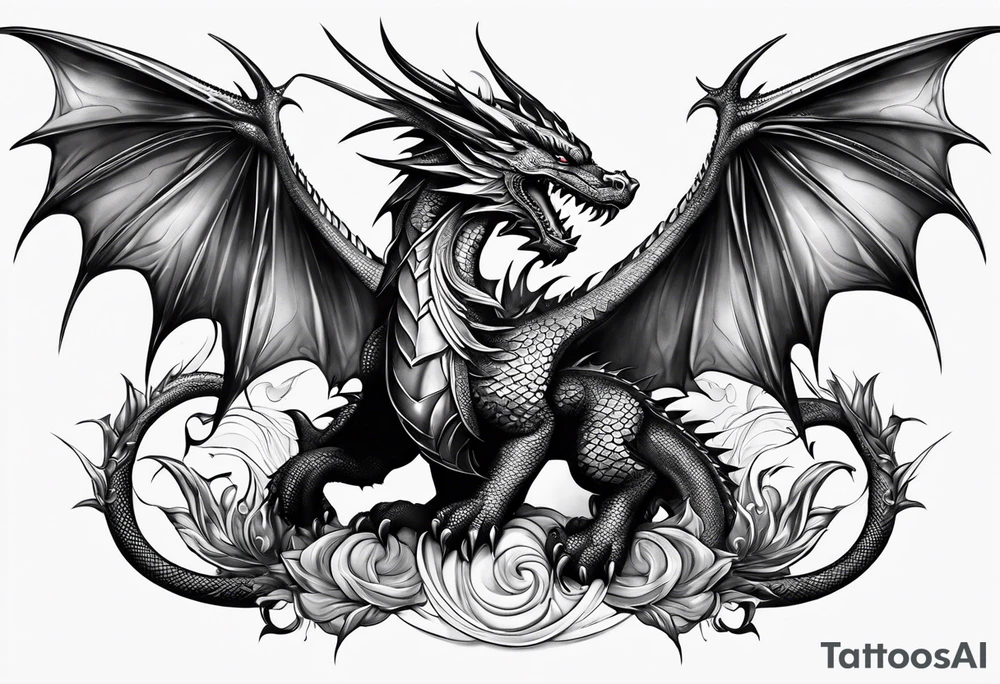Family of five dragons with wings spread tattoo idea