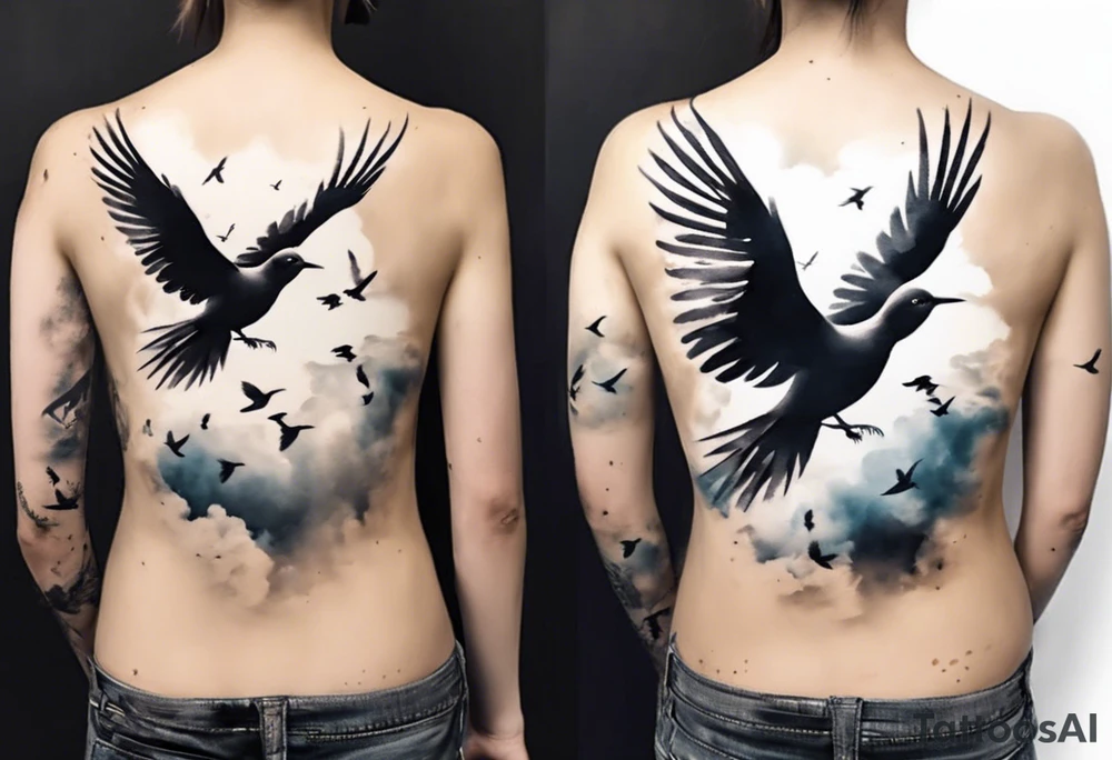 shoulder tattoo with light rays with birds flying free among the clouds, round shape, 3d effect tattoo idea