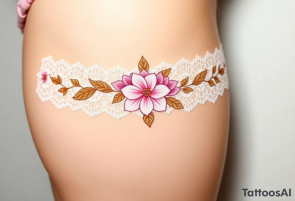 A soft peony lace garter tattoo with pastel pink petals with golden leaves tattoo idea