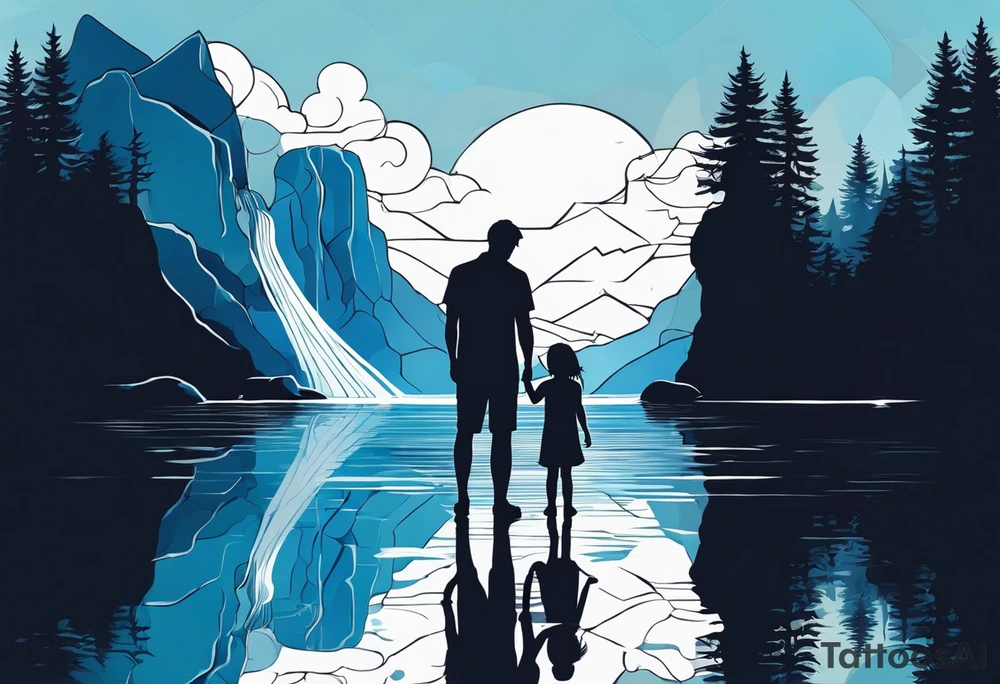 Silhouette of father standing in between daughter and younger son in front of water with reflection and waterfall with that water only being blue tattoo idea