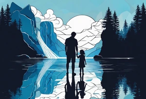 Silhouette of father standing in between daughter and younger son in front of water with reflection and waterfall with that water only being blue tattoo idea