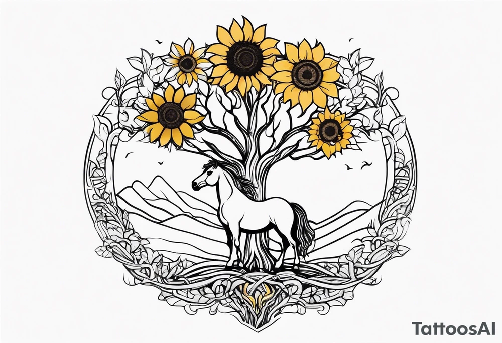 Yggdrasil tree, horse, sunflower tattoo idea
