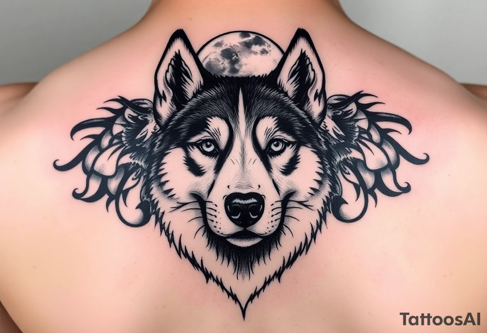 make a small tattoo of the face of a husky white with brown looking at the moon tattoo idea