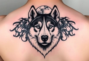 make a small tattoo of the face of a husky white with brown looking at the moon tattoo idea