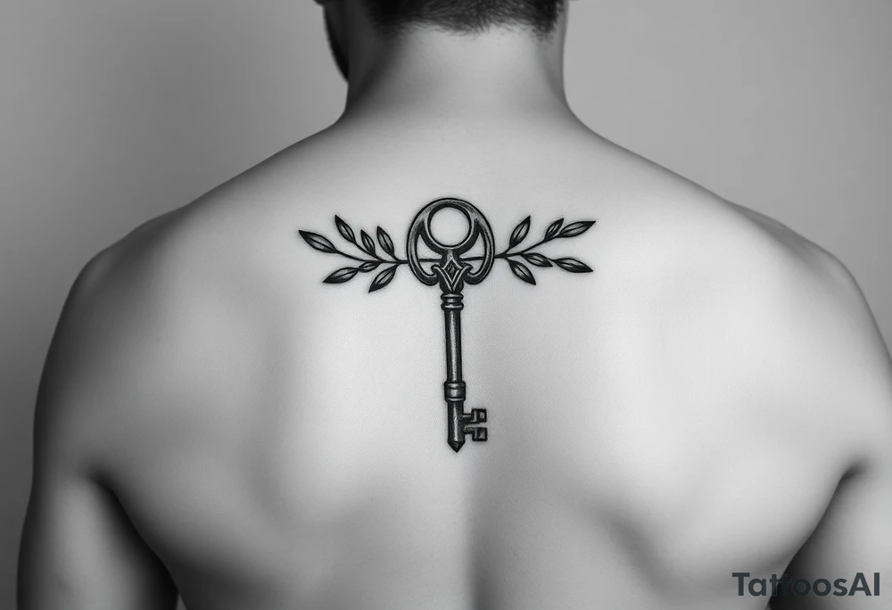 A metal key with olive branches around it tattoo idea