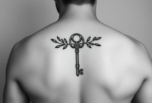 A metal key with olive branches around it tattoo idea