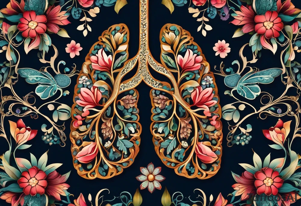 intricate and artistic arrangement of flowers and ornamental patterns that come together to form the shape of human lungs. The design should have a balance of delicacy and detail, with vibrant floral elements seamlessly intertwining to mimic the structure of the lungs, including the bronchi branching into floral motifs. Incorporate subtle shading and depth to give the tattoo a dynamic and organic feel, while maintaining elegance and symmetry tattoo idea