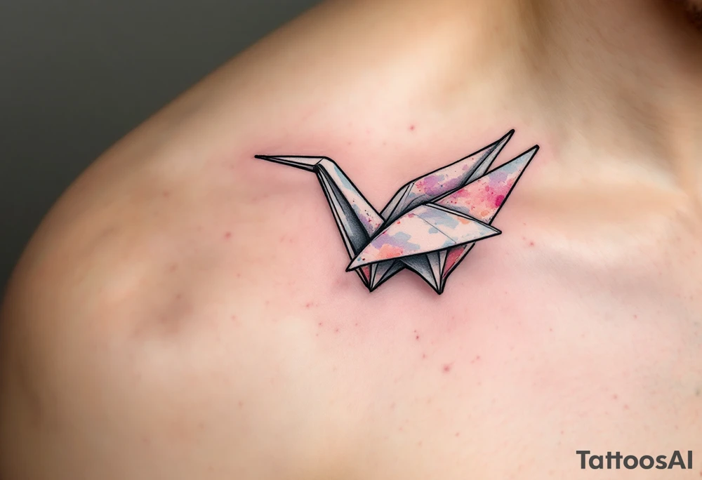 A delicate paper crane folded from pastel watercolor folds, symbolizing peace and free will. tattoo idea