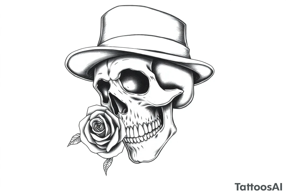 a skull with top-hat and a rose in his mouth. tattoo idea