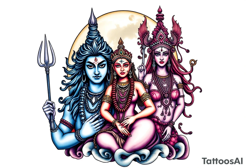 Lord Shiva, Godess Kali, Godess Lilith Together with the moon in the background tattoo idea