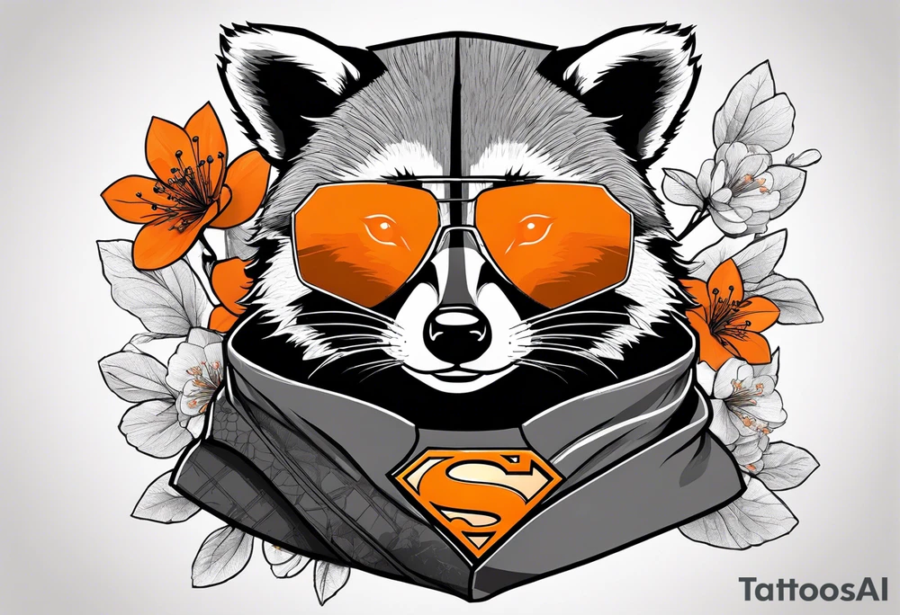 raccoon wearing a black and white Superman hoodie and orange Japanese cherry blossoms tattoo idea