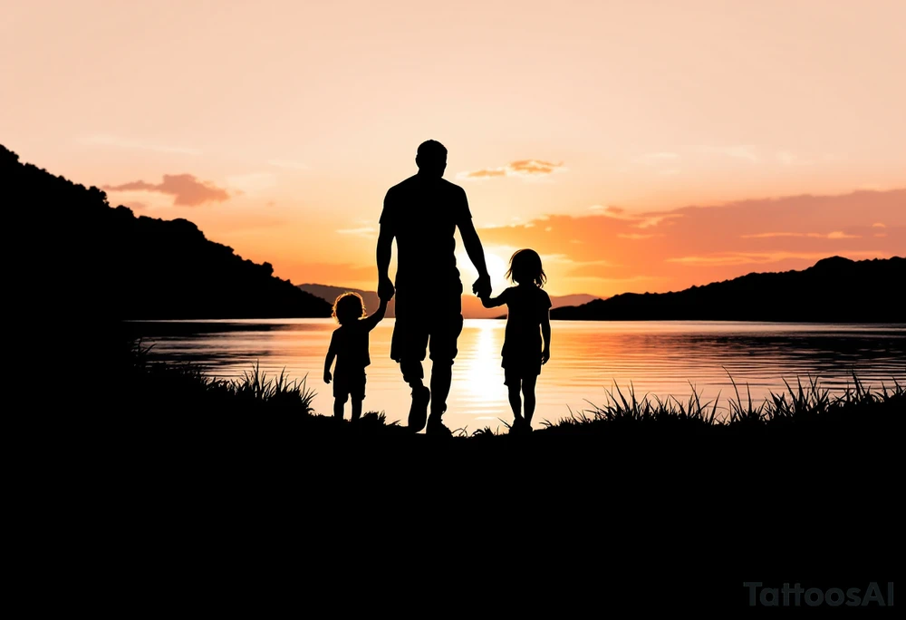 A silhouette of a father holding hands with two children at sunset, shaded in black with a soft orange and pink background. tattoo idea