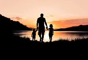 A silhouette of a father holding hands with two children at sunset, shaded in black with a soft orange and pink background. tattoo idea