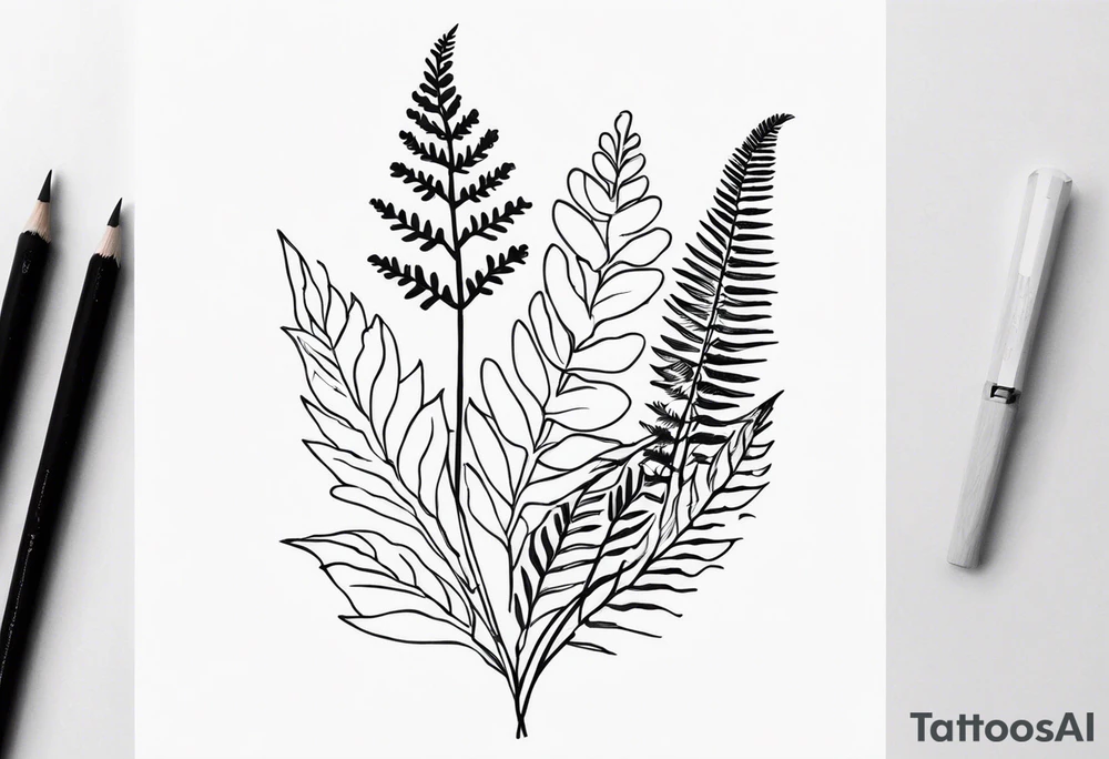 Flower, date, fern tattoo idea