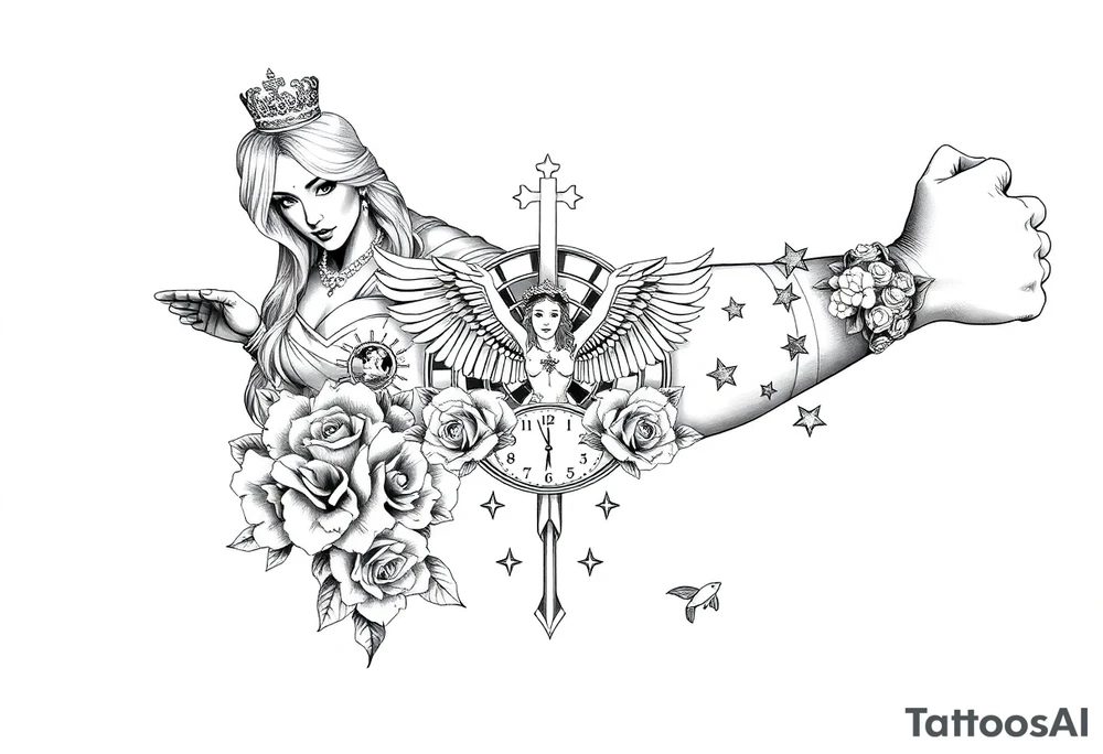 Roulette casino and princess and jesus on cross, baby angels, roses and clock and stars and fish tattoo idea