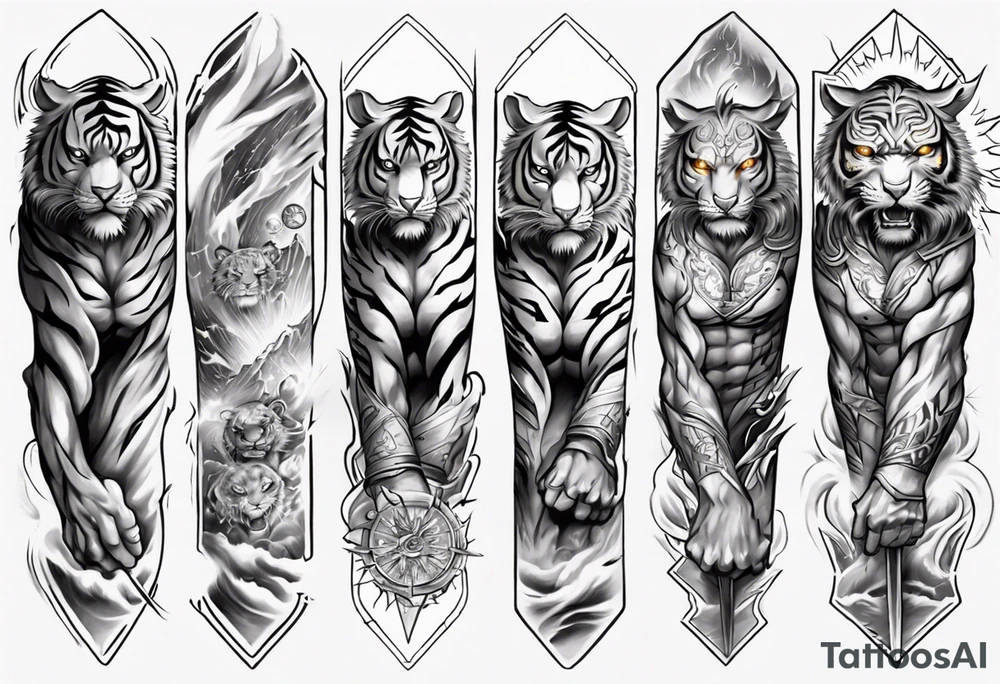 Tiger Warrior sleeve tattoo with lightning and the sun
Forearm sleeve tattoo idea