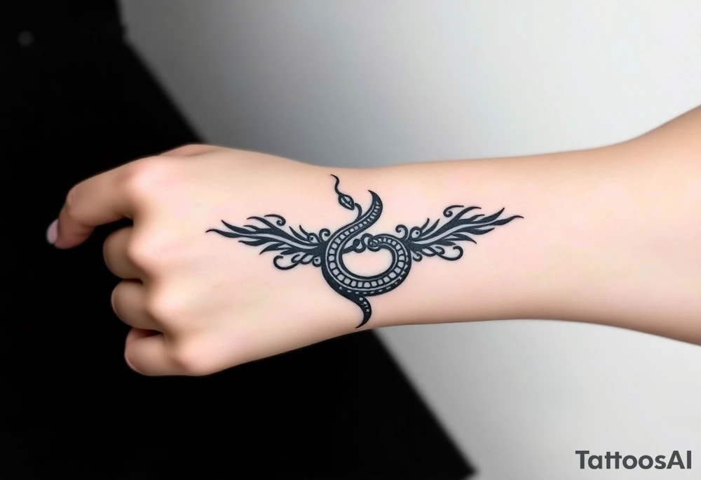 I want a small simple silhouette lines black and white wrist majestic royal snake tattoo that has number 12821 on its body along and also I want it to represent feminine energy crown queen Cycle tattoo idea