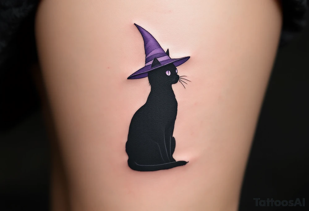 Witch’s Familiar Cat Silhouette – A sitting black cat silhouette with subtle purple eyes and a pointed witch hat in dusty violet. tattoo idea