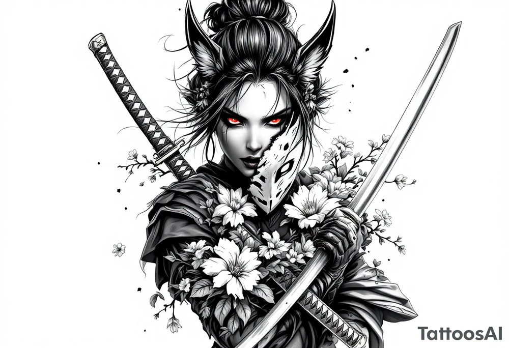 Woman samurai with red eyes holding an half and broken kitsune mask , holding 
two katana and Sakura flowers ornement
Tatoo is for upper arm tattoo idea