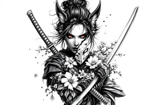 Woman samurai with red eyes holding an half and broken kitsune mask , holding 
two katana and Sakura flowers ornement
Tatoo is for upper arm tattoo idea