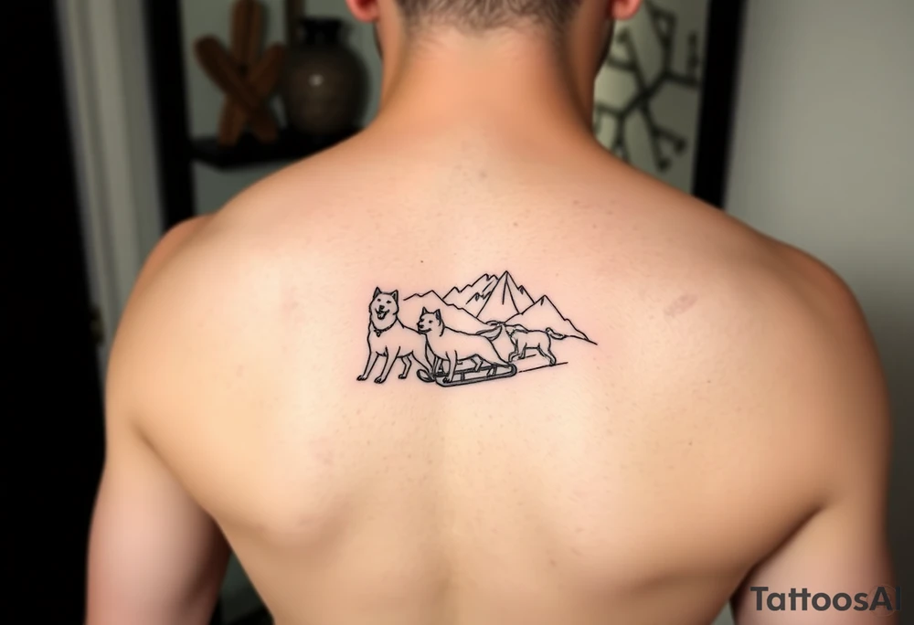 Sled dogs from a side view 
with sled and northern lights and mountains tattoo idea