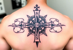 Maltese cross combined with a compass with my 4 kids name in place of the directional letters and my wife’s name in the center tattoo idea