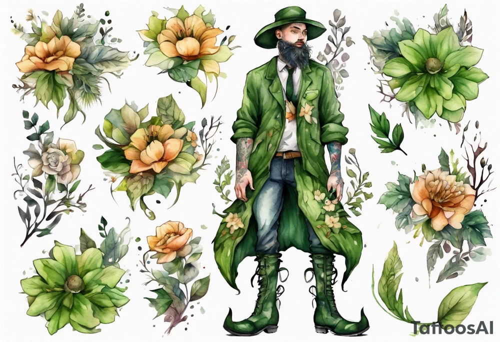 a man-flower hybrid s wearing a leafy skirt and boots covered in moss tattoo idea