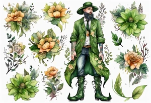 a man-flower hybrid s wearing a leafy skirt and boots covered in moss tattoo idea