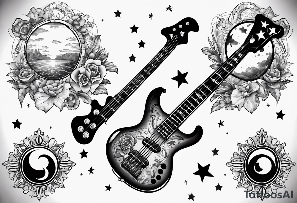 Tattoo full left arm with a collage of a bass guitar, mickey mouse silhouette, caduceus symbol, two stars and the sun with a moon with no flowers or buildings tattoo idea