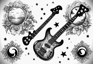 Tattoo full left arm with a collage of a bass guitar, mickey mouse silhouette, caduceus symbol, two stars and the sun with a moon with no flowers or buildings tattoo idea