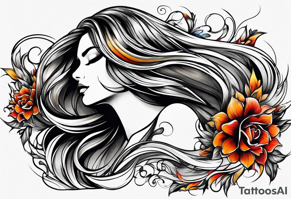 long hair flowing from shoulder to elbow tattoo idea