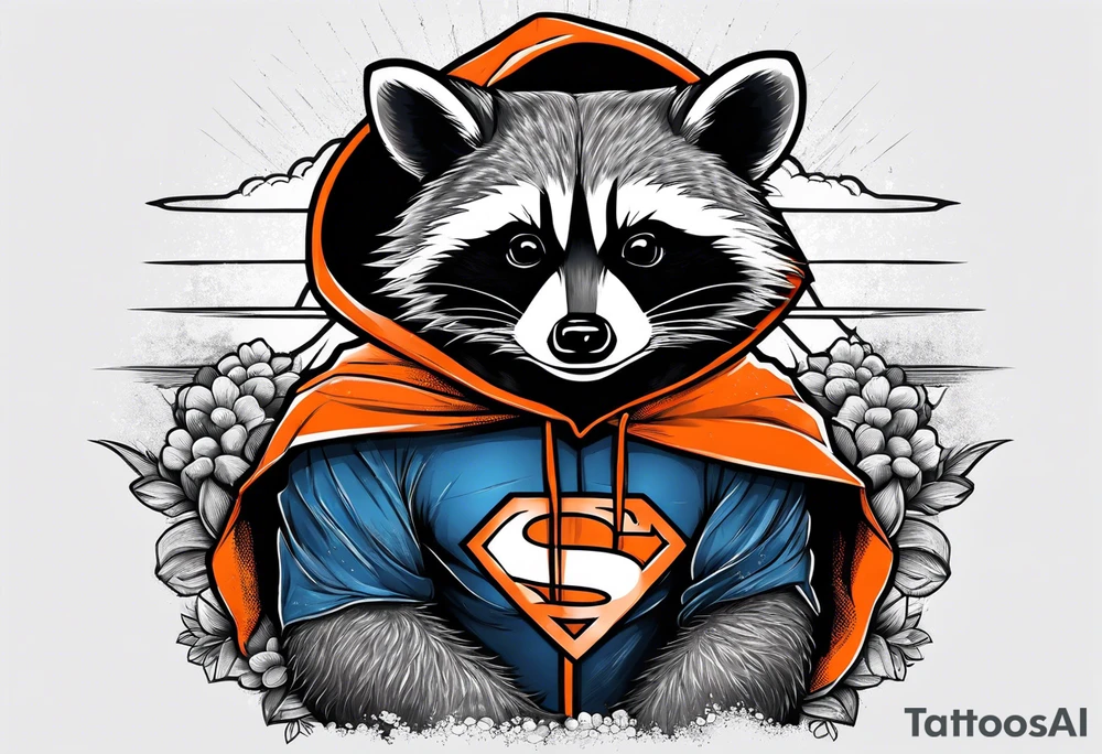 Raccoon wearing an orange Superman hoodie tattoo idea