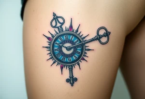 A skeleton key inserted into an antique clock, unlocking a burst of blue and purple tattoo idea