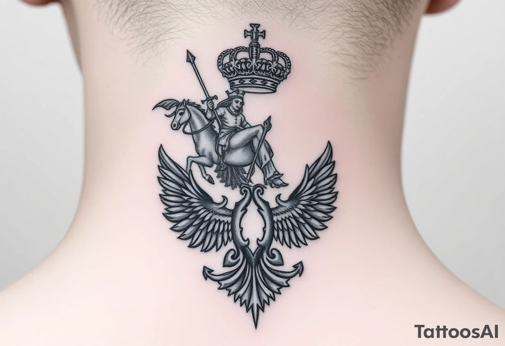 St. George slaying the dragon (hugely common in Russian Orthodox art)
Russian imperial crown above the eagle
Crossed swords or a Russian sabre
The Kremlin or St. Basil's Cathedral scene tattoo idea