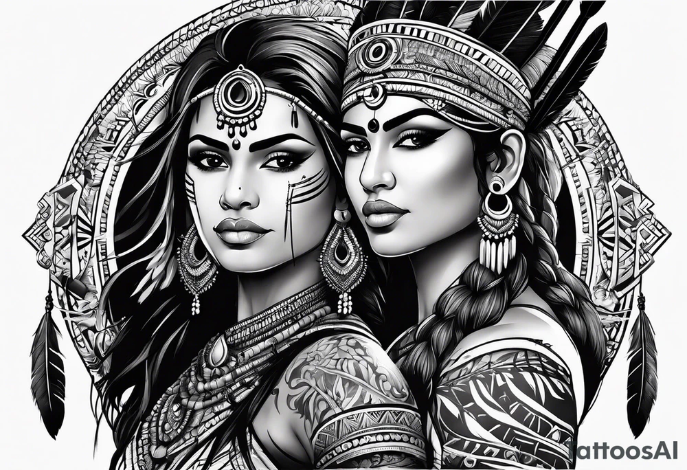 tribal indian couple with bow and arrow and spear tattoo idea