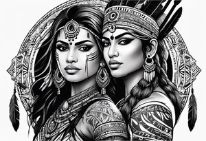 tribal indian couple with bow and arrow and spear tattoo idea
