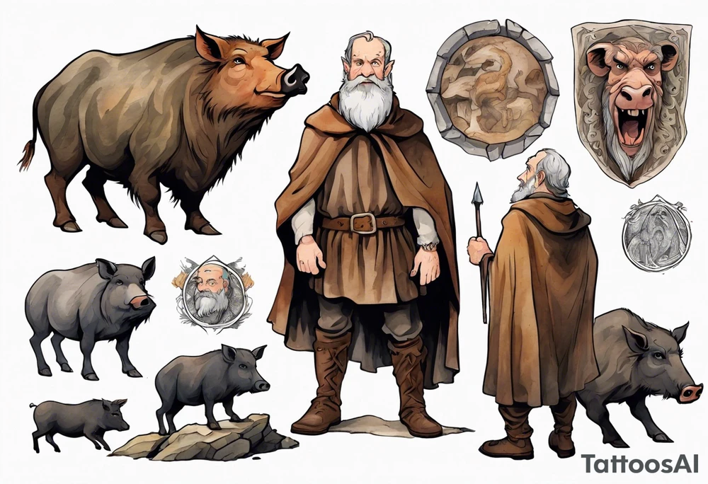 a 55-year-old medieval Bavarian man with a grey beard and broad shoulders wearing a brown and black cloak standing next to a boar in front of a cave tattoo idea