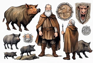 a 55-year-old medieval Bavarian man with a grey beard and broad shoulders wearing a brown and black cloak standing next to a boar in front of a cave tattoo idea