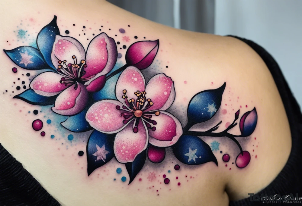 Stars, pinks, purples, blues with cherry blossoms tattoo idea